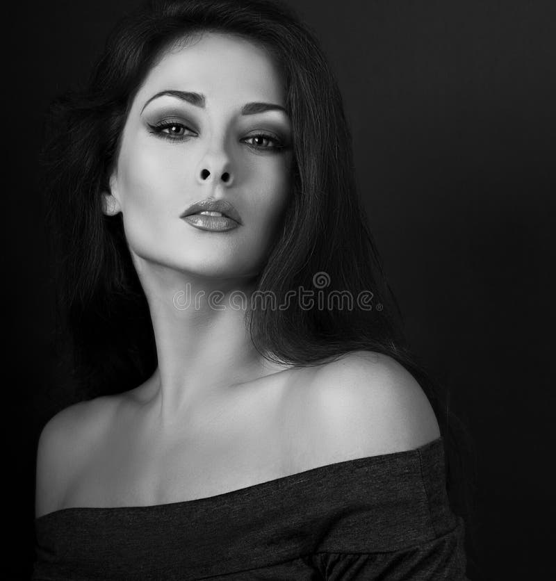 Expressive Female Makeup Model Posing In Black Shirt And Elegant Stock