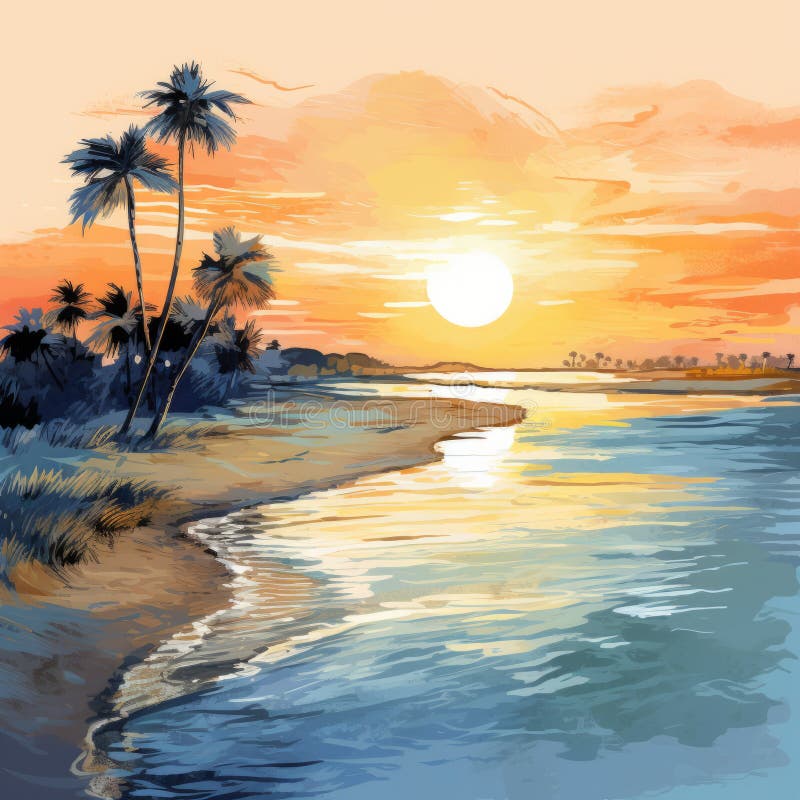 Expressive Sunset Illustration: Beach, Palm Trees, Calm Waters royalty free illustration