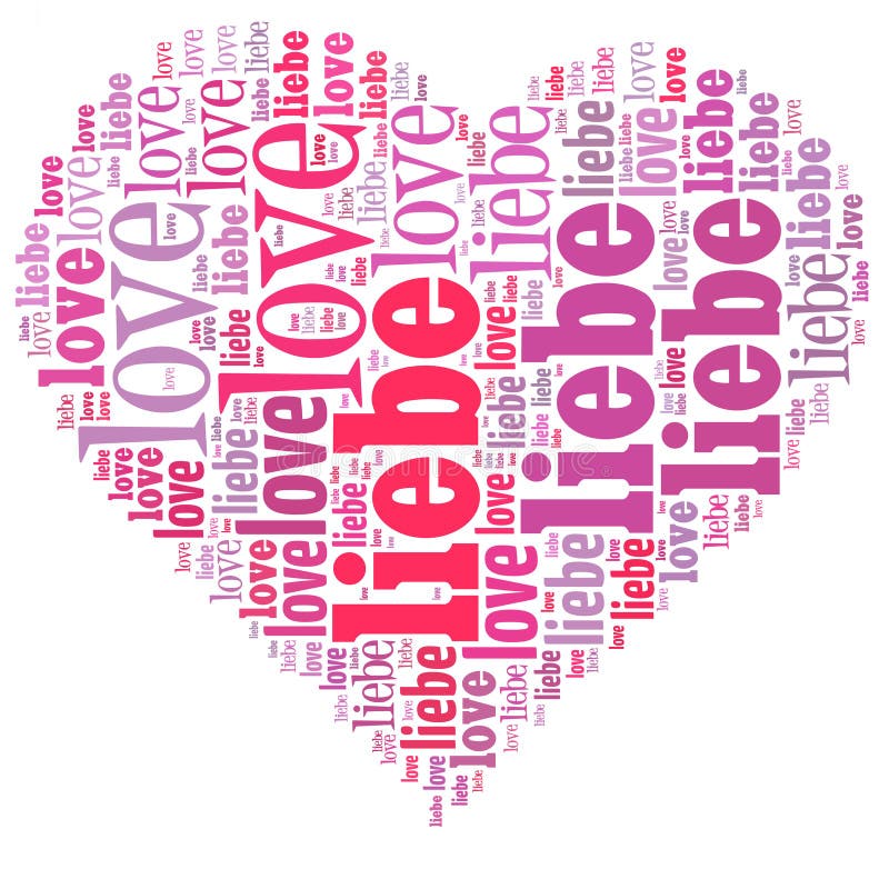 Word cloud in a heart shape filled with love, written in German and English, in sweet hues of pink, red and mauve, isolated on white background. Word cloud in a heart shape filled with love, written in German and English, in sweet hues of pink, red and mauve, isolated on white background