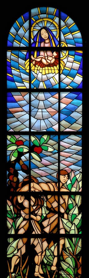 Expulsion of Adam and Eve from Paradise, stained glass church window. Expulsion of Adam and Eve from Paradise, stained glass church window