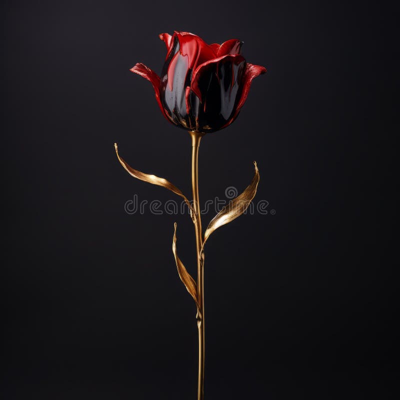 Exquid red tulip med guldblad : Minimalistisk gastromans skulptur stock illustrationer