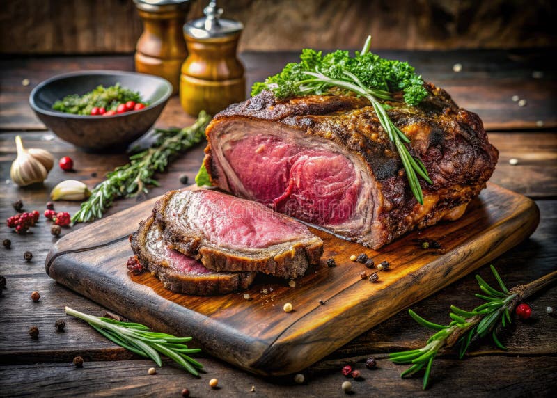 Exquisit getragenes Prime Rib Ein kulinarisches Meisterwerk auf einer rustikalen Holzplatte vektor abbildung
