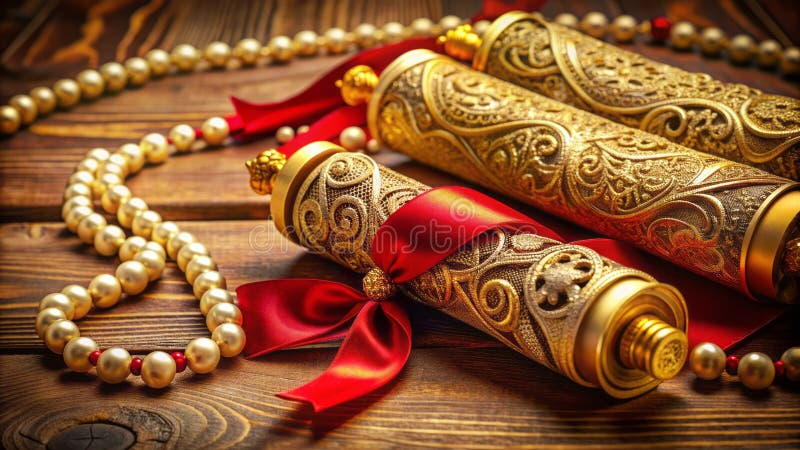 Exquisite Ancills Scrolls med Golden Filigree Pearls och Gems på en lavish Ornate Table stock illustrationer