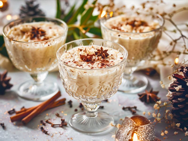 arroz con leche, a Spanish rice pudding delight, elegantly presented in glass bowls adorned with a sprinkle of cinnamon. arroz con leche, a Spanish rice pudding delight, elegantly presented in glass bowls adorned with a sprinkle of cinnamon