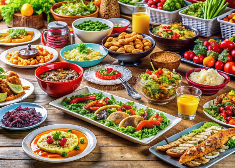 Exquisite Buffet Catering Spread A Feast for the Eyes and Palate with Fresh Gourmet Dods for any occment. royaltyfri illustrationer