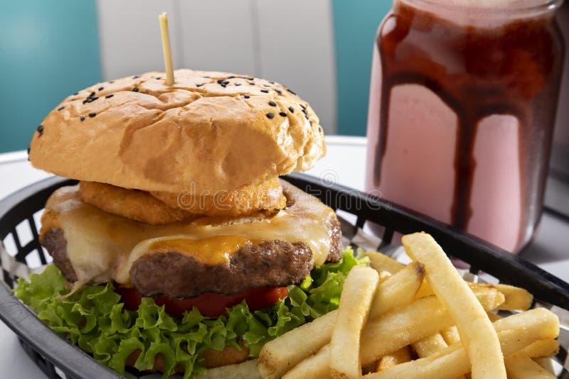 Exquisite Burger Served with French Fries Stock Photo Image of salad