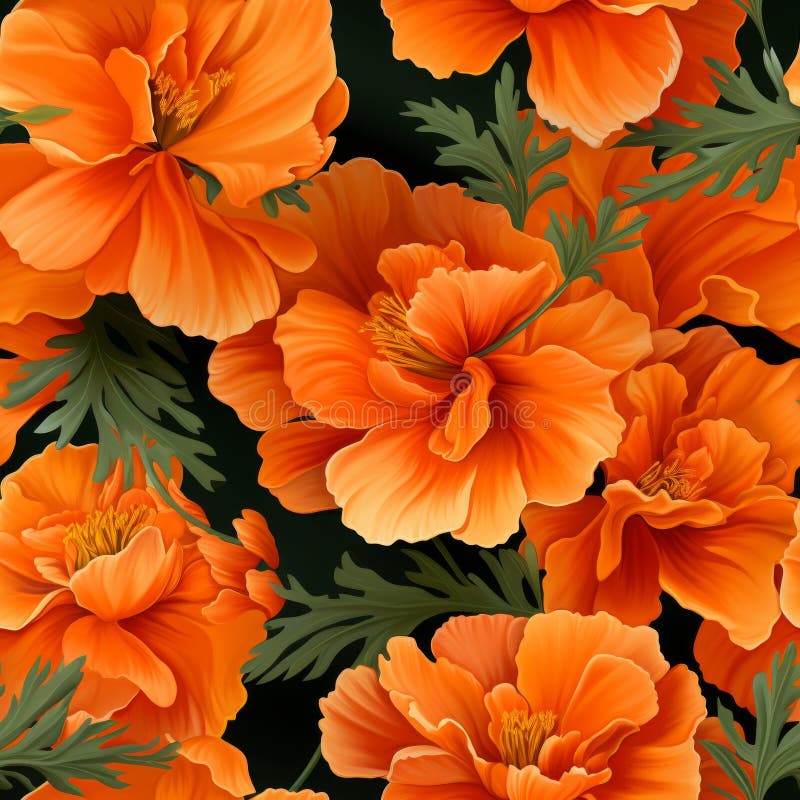 Exquisite and captivating marigold flower blooms in a mesmerizing seamless top view pattern royalty free illustration