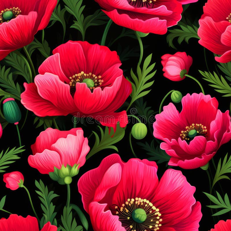 Exquisite and captivating top view seamless pattern featuring delicate blooming poppy flowers royalty free illustration