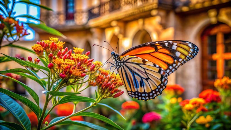 Captivating Closeup of a Common Tiger Butterfly on a Lush Plant An Architectural Photography Study of Natures Detail stock illustration