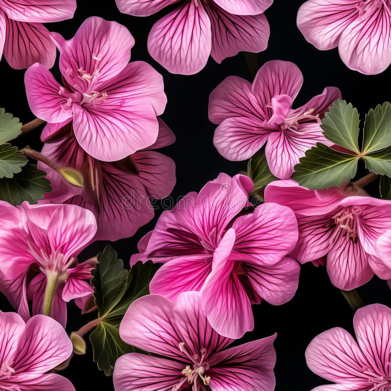 Exquisite and colorful geranium flower blooms captured in a captivating top view seamless pattern vector illustration