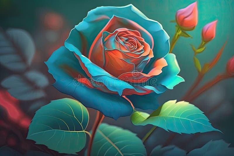 An Exquisite Coral Rose Blooms in a Rose Garden. Impressive Perspective