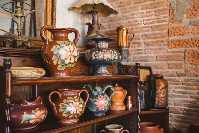 An Exquisite Display of Antique Pottery and Ceramics on a Rustic Wooden Shelf Amidst Historic Artifacts royalty free illustration