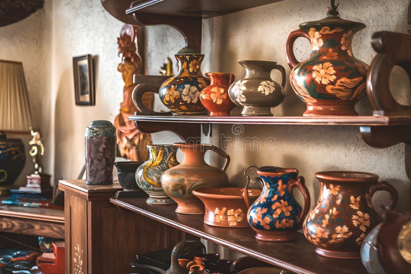 An Exquisite Display of Antique Pottery and Ceramics on a Rustic Wooden Shelf Amidst Historic Artifacts vector illustration