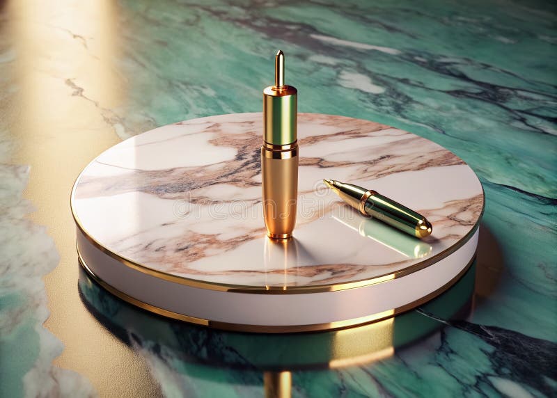 Exquisite Eyeliner Pen Awaits on a Luxurious Marble Platform An Overhead Aerial View for a Touch of Opulence. Upplev sofistikeringsrikedomen med den här luftburna skottet från en högkvalitativ penna för ögonfransar som ligger elegant på en polerad marmor-plattform. Den mjuka diffusa lampan kastar en subtil glöd på pennornas eleganta metallyta och belyser dess oklanderliga hantverk. Den utsökta konturen av marmor tillför ett inslag av naturskönhet och lyx som skapar en slående kontrast till