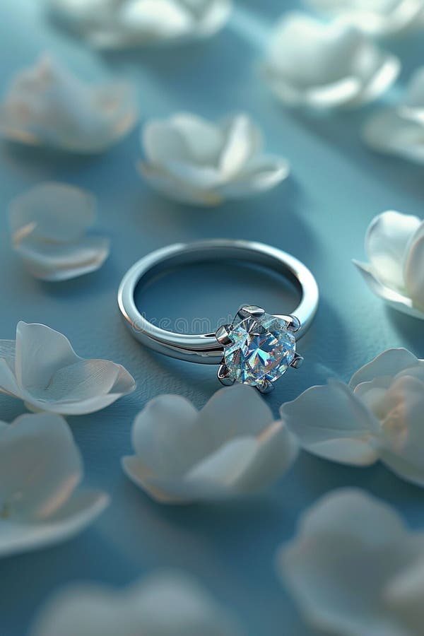 Elegant diamond ring surrounded by delicate white flowers. stock illustration
