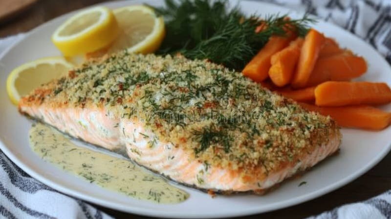 Exquisite Kräuterkruste Lachs mit Zitronensauße, begleitet von frisch gedampftem Gemüse vektor abbildung