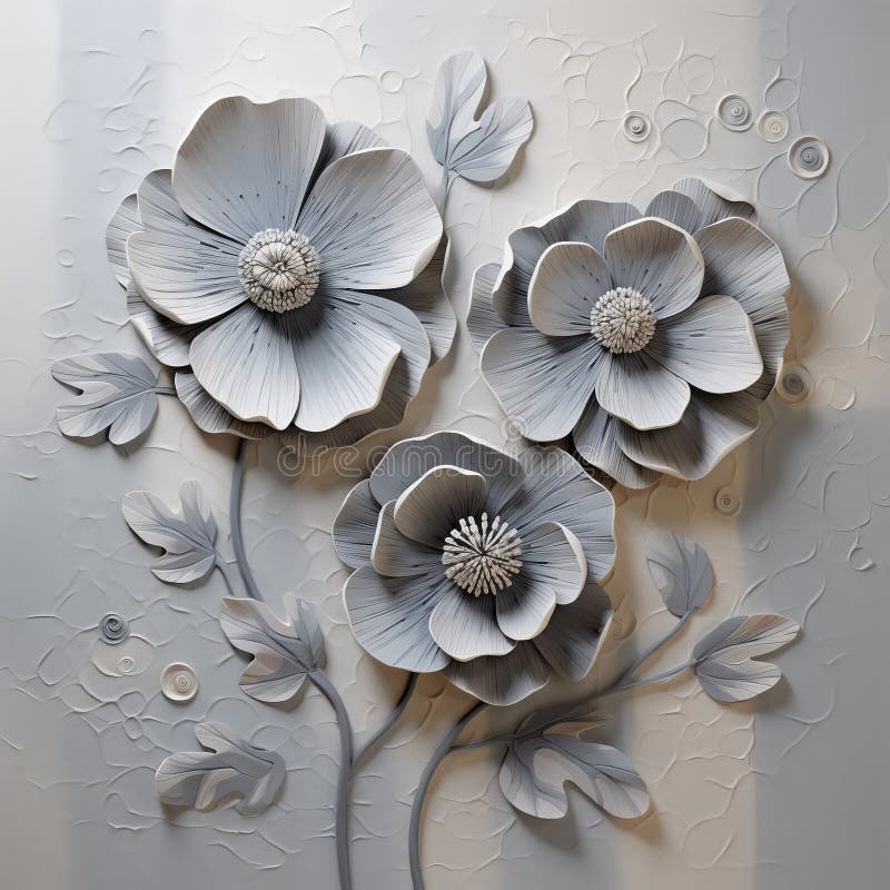 A polymer clay abstract art piece titled "poppies and leaves 5" showcases delicate flowers and leaves in a dark white and light gray color scheme. rendered in cinema4d, this piece features carved surfaces and elegant inking techniques. the textured canvas adds depth to the highly detailed figures, creating an elegant and visually captivating artwork. Multilayered compositions stock images, royalty-free photos and pictures