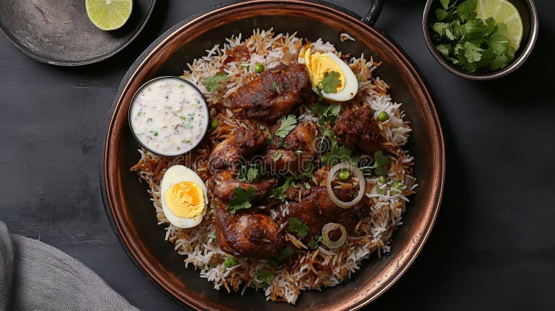 Exquisite Pakistani biryani a servit într-un platou tradițional de cupru cu orez brun de pui basmati și părți de raita stock image