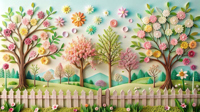 Exquisite Papercut Spring Landscape Blooming Flowers Intricate Trees and Rustic Fence in a Serene Pastel Setting. Ta dig in i en känslig värld som är gjord av papper. Det här fantastiska papperet och det stilla teckningsarbetet visar ett gott vårlandskap. Intrikera detaljer ger blommor i livets blomstrande form i en pulserande uppsättning pastellhuber som visar den sköna konsten hos skaparen. Scenen ställs in mot en stillastående pastellbakgrund som förstärker paperutans känsliga karaktär. Detaljerad