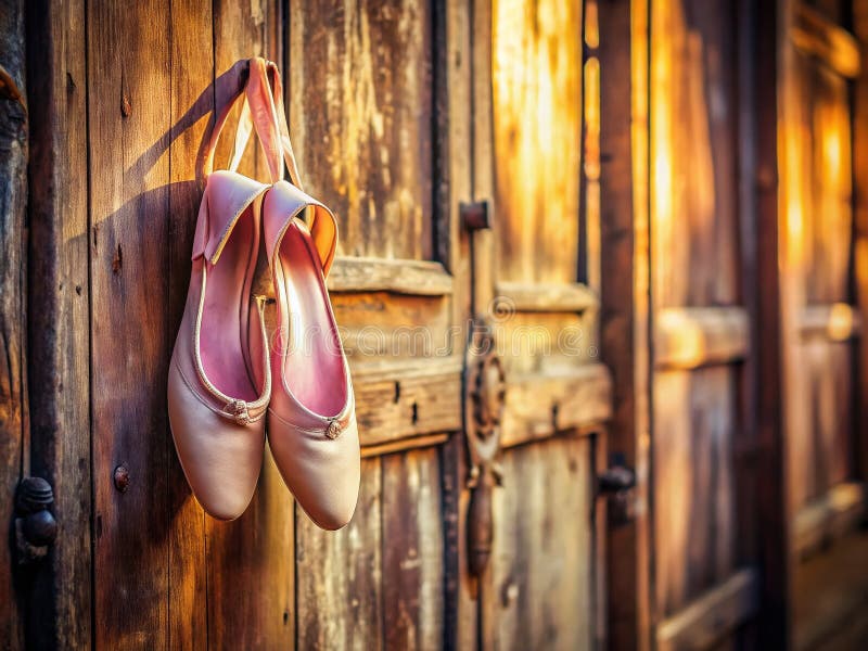 Exquisite Pink Ballet Pointe Shoes Draped Elegantly on a Rustic Wooden Door A Timeless Image of Grace and stock illustration