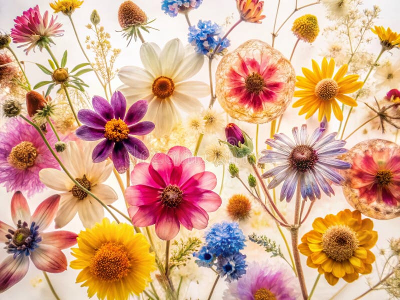 Exquisite Pressing Dried Flowers A WatercolorStyle Macro Photography Exploration of Botanical Beauty on the Pristine White royalty ilustracja