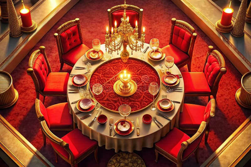 Exquisite Red and Gold Fine Dining Experience An Aerial View of a Luxurious Table Setting royalty free illustration