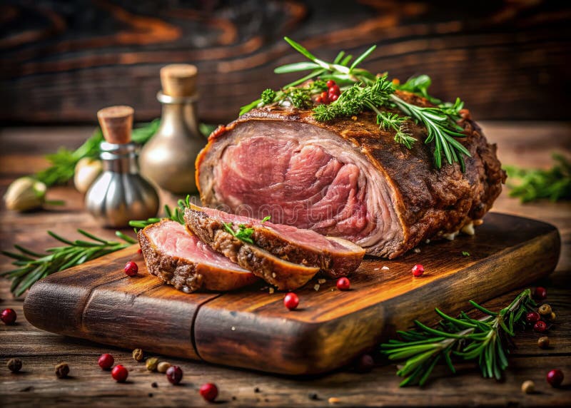 Exquisite Rib Roast perfekt gesäumt und bereit, um eine Panoramafeier zu beeindrucken über stock abbildung