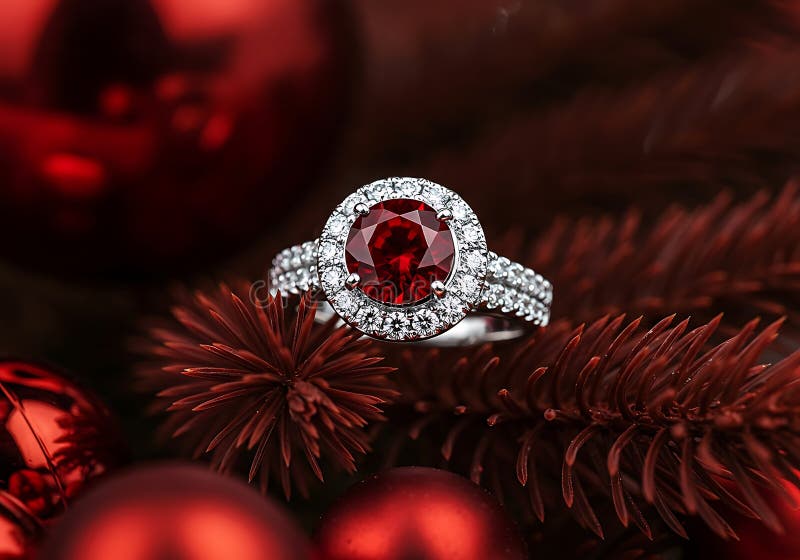 Exquisite Ruby- und Diamantenverlobungsring auf festlichem rotem Hintergrund stock abbildung