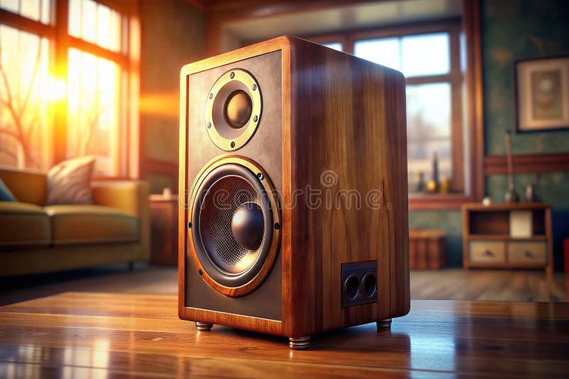 Exquisite Vintage Holz HiFi Lautsprecher System verbessert ein gemütliches Wohnzimmer Oase ein zeitloses Audio Erlebnis lizenzfreie abbildung