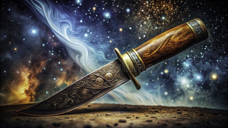 A Starry Night Engraved Hunting Knife Vintage Craftsmanship Meets Celestial Cosmos in a Stunning Display of Antique royalty free illustration