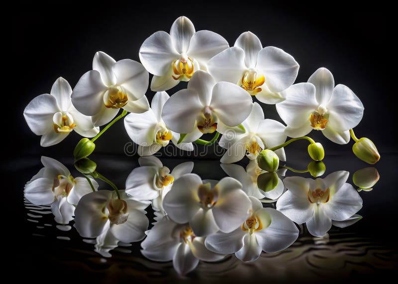 Exquisite White Orchid Cluster Împotriva unui fond negru Un studiu privind eleganța și reflexia vector illustration