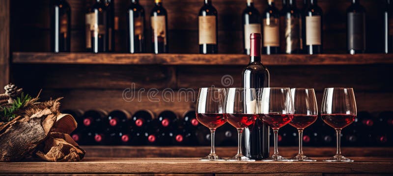 O pivniță de vinuri splendidă, cu o compoziție splendidă de sticle de vin și ochelari de cristal stock illustration