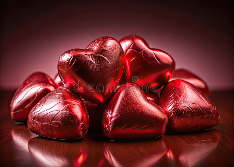 Exquisitos Corazones de Chocolate Minimalistas: Una Naturaleza Muerta Romántica sobre Fondo de Papel de Aluminio Rojo, Perfecto pa stock de ilustración