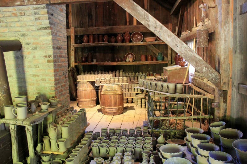 Extensive display of pottery in potter's room,Old Sturbridge Village,September,2014 royalty free stock photography Extensive display of pottery in potter's room,Old Sturbridge Village,September,2014 royalty free stock photography