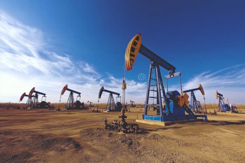 An extensive oilfield features numerous pump jacks in operation beneath a vibrant blue sky. The machinery is actively extracting