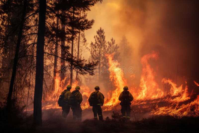 Extensive wildfires raging through national parks and forests. Firefighters battling a large fire. Burning trees