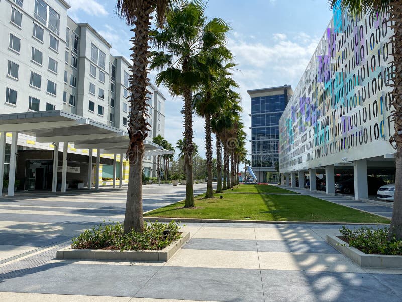 The exterior of the Binary Parking Garage and a Marriott Courtyard and Residence Inn