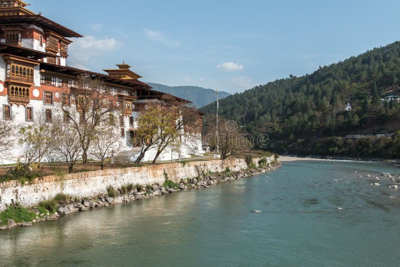 Exterior of Buddhist monastery / fort Dzong in Punhaka, Bhutan stock photos