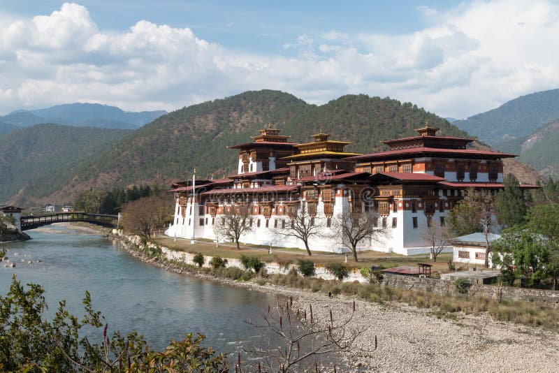 Exterior of Buddhist monastery / fort Dzong in Punhaka, Bhutan stock image