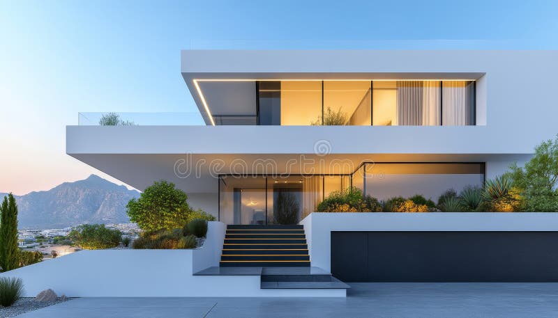 Exterior Casa Albă Minimalistă Modernă cu balcon Windows de dimensiuni mari și design geometric. royalty free illustration