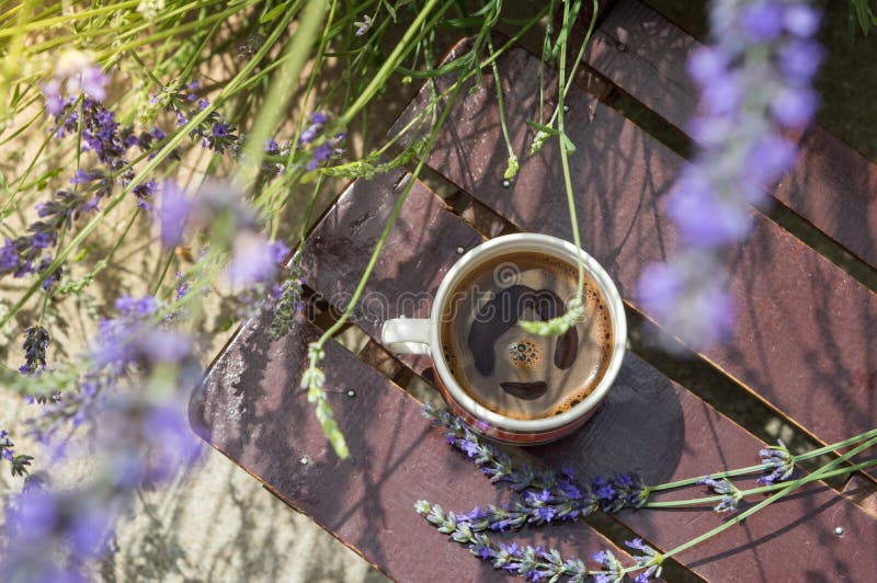 Exterior de la taza de café rodeado por la lavanda foto de archivo libre de regalías Exterior de la taza de café rodeado por la lavanda foto de archivo libre de regalías