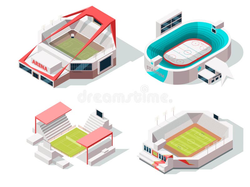 Exterior de los edificios hockey, fútbol y tenis del estadio Imágenes isométricas libre illustration Exterior de los edificios hockey, fútbol y tenis del estadio Imágenes isométricas libre illustration