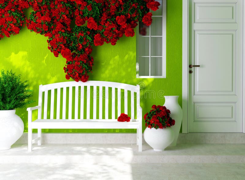 Front view of a wooden white door on a green house with window. Beautiful red roses and bench on the porch. Exterior of a house.