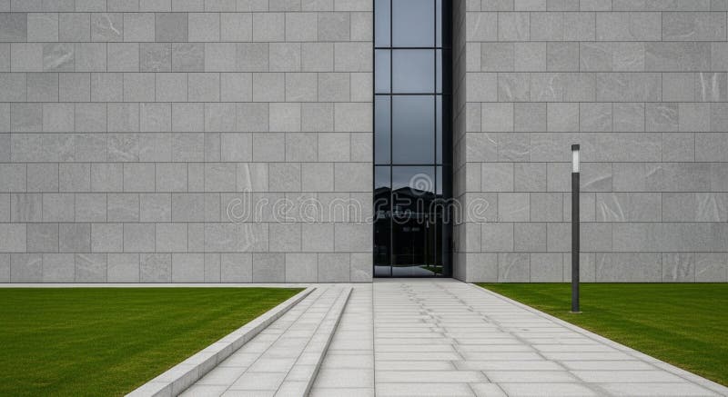 Modern Building Facade with Stone Cladding, Large Glass Window, Paved Walkway, and Grassy Lawn stock illustration