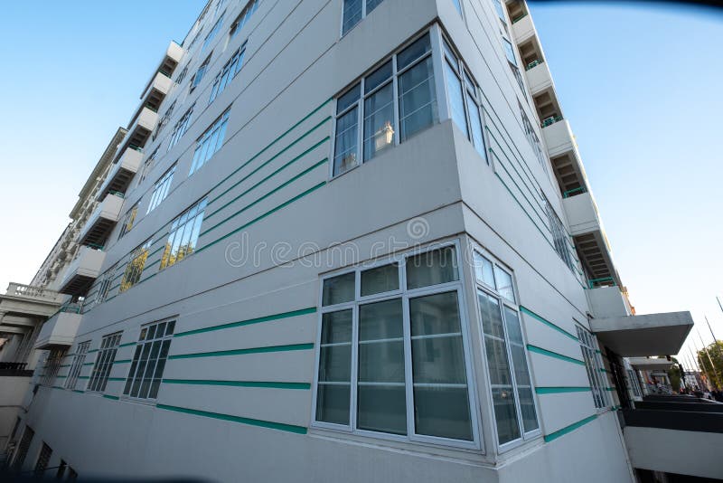 Exterior of 59 - 63 Princes Gate, beautiful white painted art deco block of flats with green horizontal stripes, London UK stock photos Exterior of 59 - 63 Princes Gate, beautiful white painted art deco block of flats with green horizontal stripes, London UK stock photos