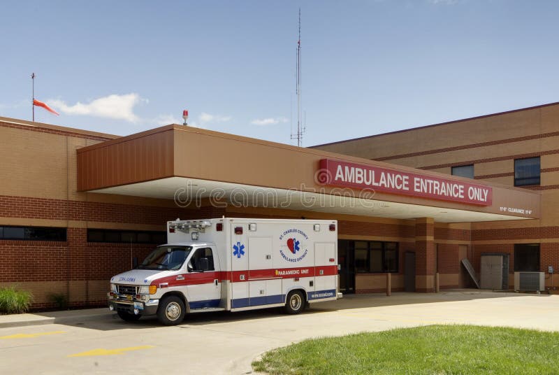 Exterior view of an ambulance and emergency room entrance at a hospital in Missouri royalty free stock photo