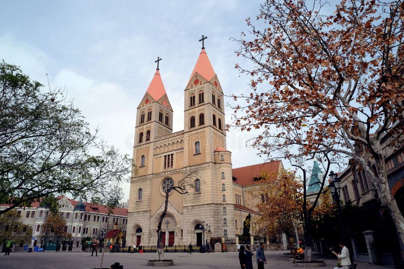 Exterior view of the Catholic Church in Qingdao, China stock photos