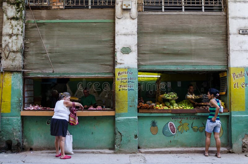 Exterior view of the typical Cuban vegetable and fruit shop in Cuba stock images