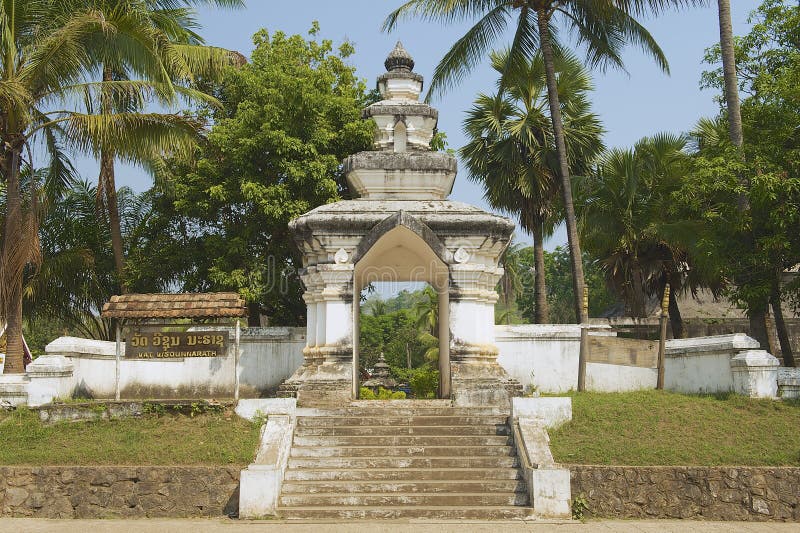 Exterior of the Visounnarath temple gate in Luang Prabang, Laos. royalty free stock image Exterior of the Visounnarath temple gate in Luang Prabang, Laos. royalty free stock image
