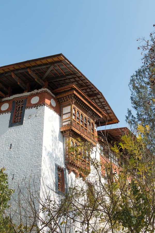 Exterior walls of Buddhist monastery / fort Dzong in Punhaka, Bhutan royalty free stock photography
